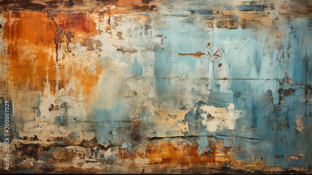 Aged Weathered Wall Texture with Peeling Layers of Paint in Hues of Orange and Blue as a Rustic Background