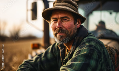 Confident Farmer Leaning on a Tractor in a Field, Portrait of Agricultural Worker with Machinery in Rural Setting © Bartek