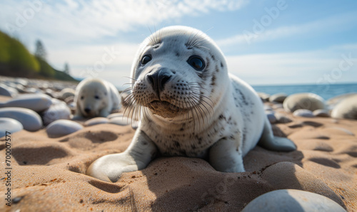Curious grey seal pup resting on a pebble beach with the ocean in the background, embodying wildlife innocence