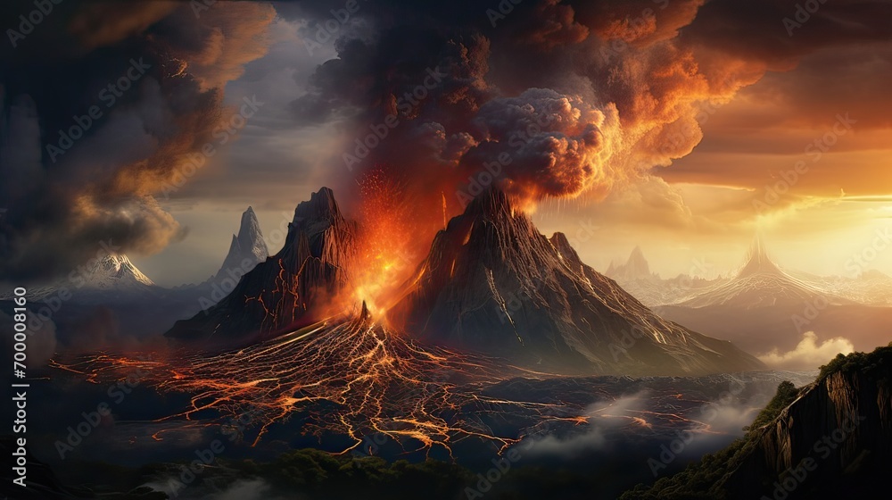 The volcano erupts. Molten lava eruption, billowing smoke, volcanic ash, volcanic fervor. Generated by AI.