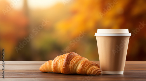 A paper cup and croissant on a wooden table