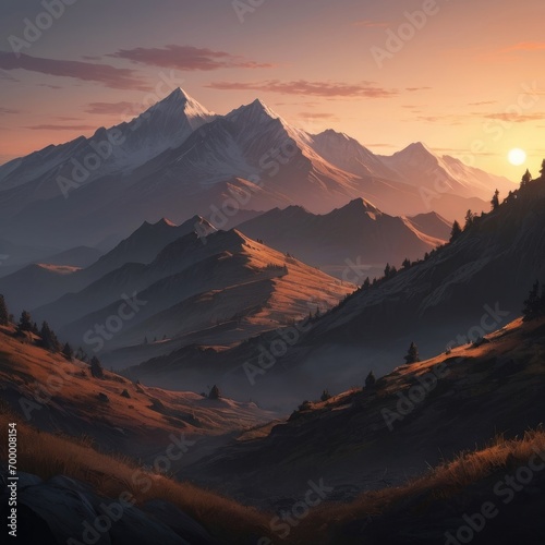 Panorama of Sunset view in the Mountains