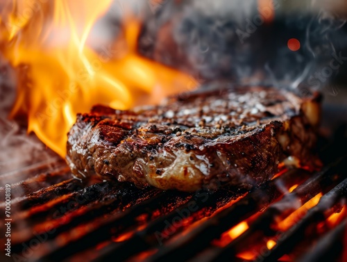 Grilled beef steak on the grill with flames, close-up Generative AI
