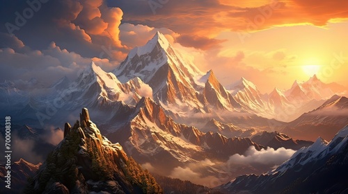 Towering snow-capped peaks of tall mountains illuminated by the morning sun. Majestic, snow-covered, breathtaking, serene, alpine, dawn, picturesque, scenic, towering, grandeur. Generated by AI.