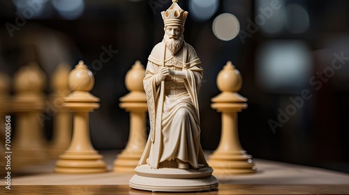Elegantly exhibited bishop chess piece. Delicate craftsmanship, strategic thinking, chessboard, cerebral game. Generated by AI.