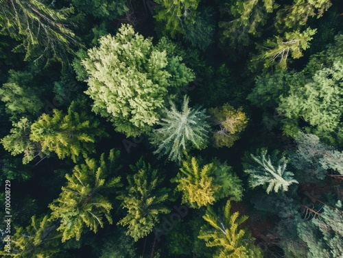 Aerial view of pine trees in the forest. Nature background. Generative AI