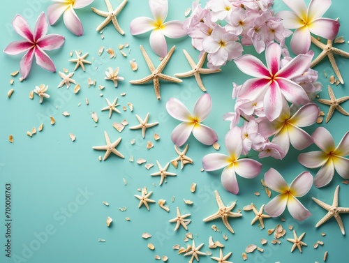 Frangipani flowers and starfish on turquoise background Generative AI