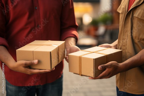 two person holding parcel box together bokeh style background