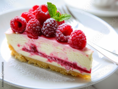 Raspberry cheesecake with fresh raspberries on a white plate Generative AI