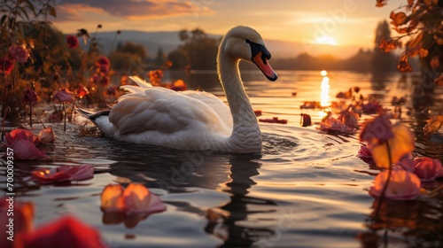 A swan in a lake surrounded by flowers with the sunset in the background 