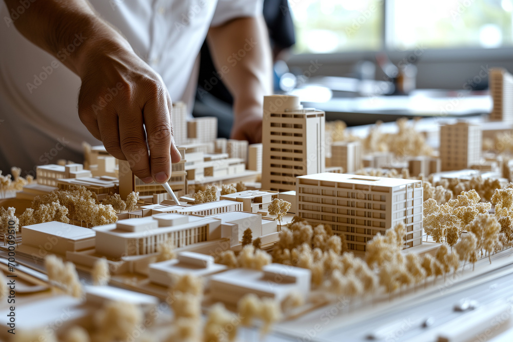 Architectural Ingenuity: Crafting a Vision for a Dynamic Business District – Meticulous Model Creation Unveils Urban Brilliance and Futuristic Design. - obrazy, fototapety, plakaty 