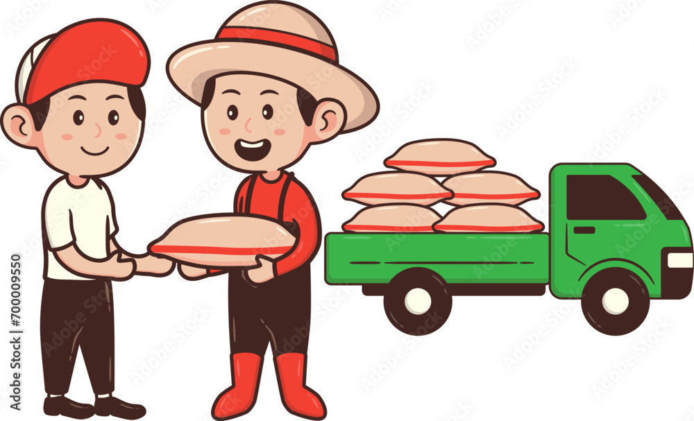 Male Farmer Character Selling a Sack of Rice to a Buyer