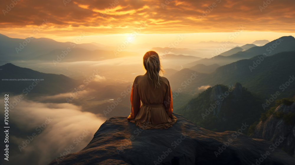 A woman sitting on the top of a mountain and looking