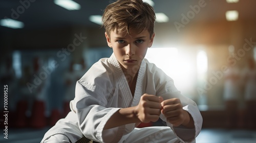 Junge in Kampfstellung mit konzentriertem Gesicht beim Taek-Won-Do Training photo