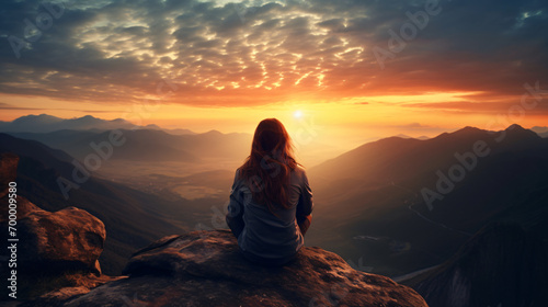 A woman sitting on the top of a mountain and looking