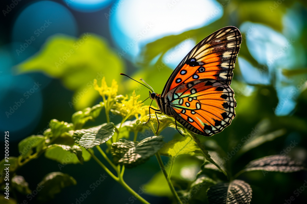 Obraz premium yellow butterfly sitting on green plant leaves bokeh style background