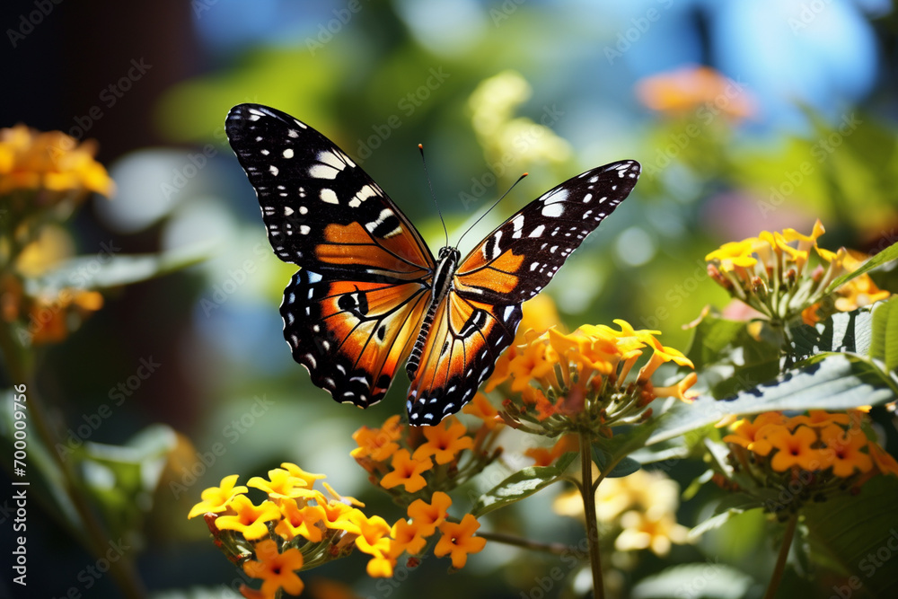Obraz premium yellow butterfly sitting on green plant leaves bokeh style background