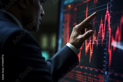 businessman pointing to the stock graph bokeh style background