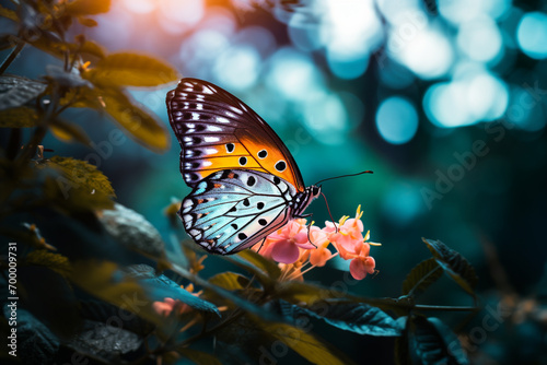 blue and yellow butterfly sitting on green plant leaves bokeh style background