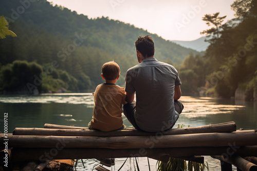 father and son sitting on wooden bench in front of the lake bokeh style background photo