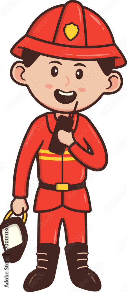 Clip Art Firefighter Male Character Profession Holding a Gas Mask and Handy Talky