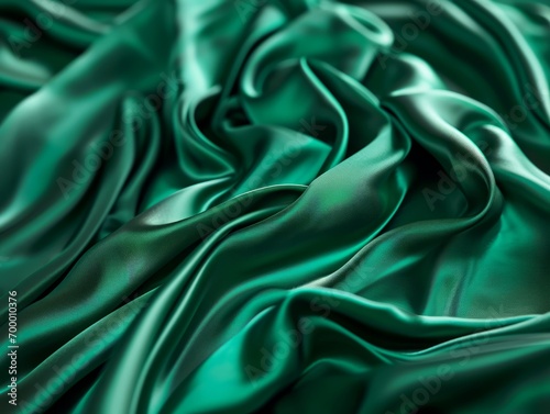 Closeup of rippled green satin fabric as background texture Generative AI