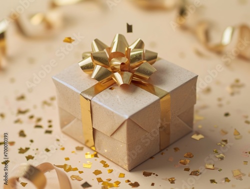 Gift box with golden bow on golden confetti background. 3d rendering. Generative AI