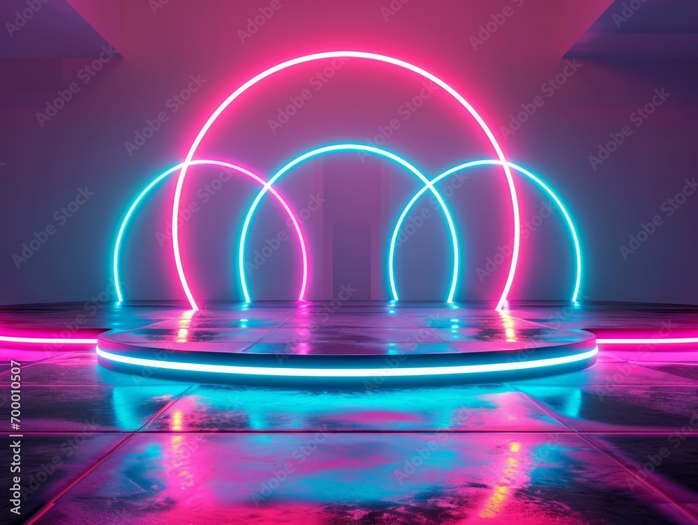 3d render, abstract background with neon lights, empty room with round pedestal Generative AI 3d render, abstract background with neon lights, empty room with round pedestal Generative AI
