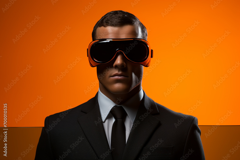 a man wearing leather jacket and sunglasses futuristic style on yellow background a man wearing leather jacket and sunglasses futuristic style on yellow background