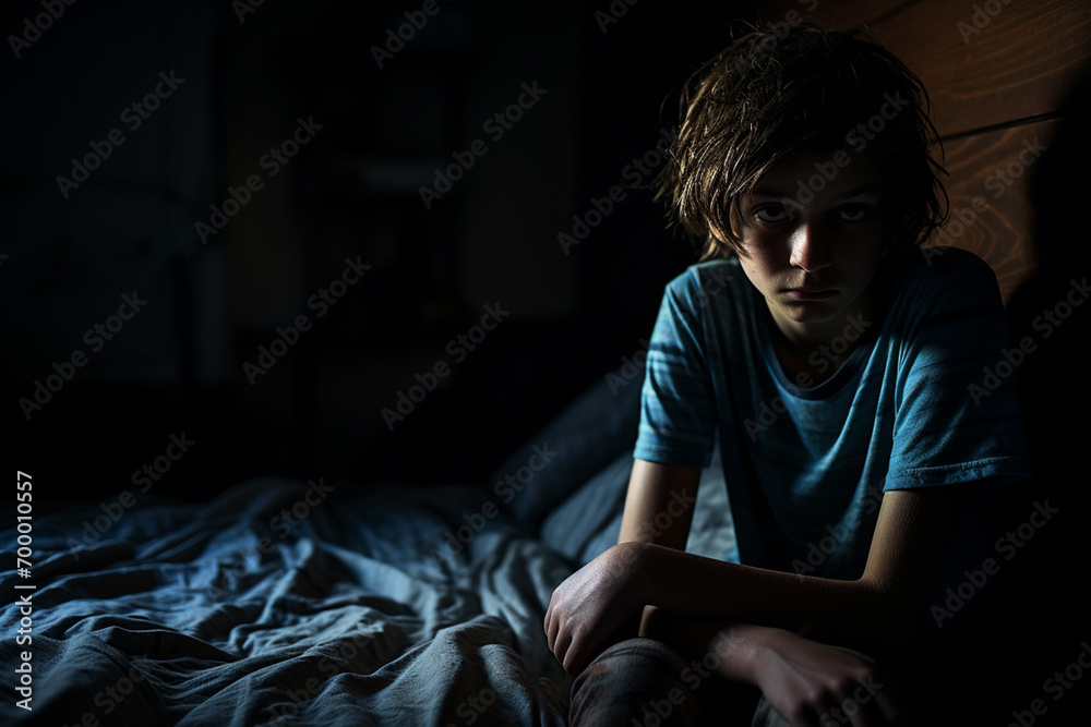 boy sitting in her room at the dark bokeh style background