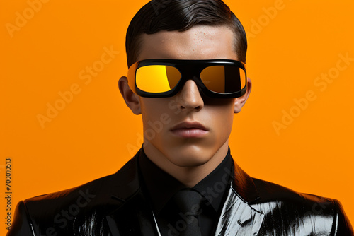 a man wearing leather jacket and sunglasses futuristic style on yellow background