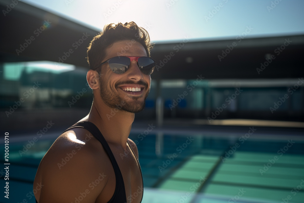 man smiling in the swimming pool bokeh style background