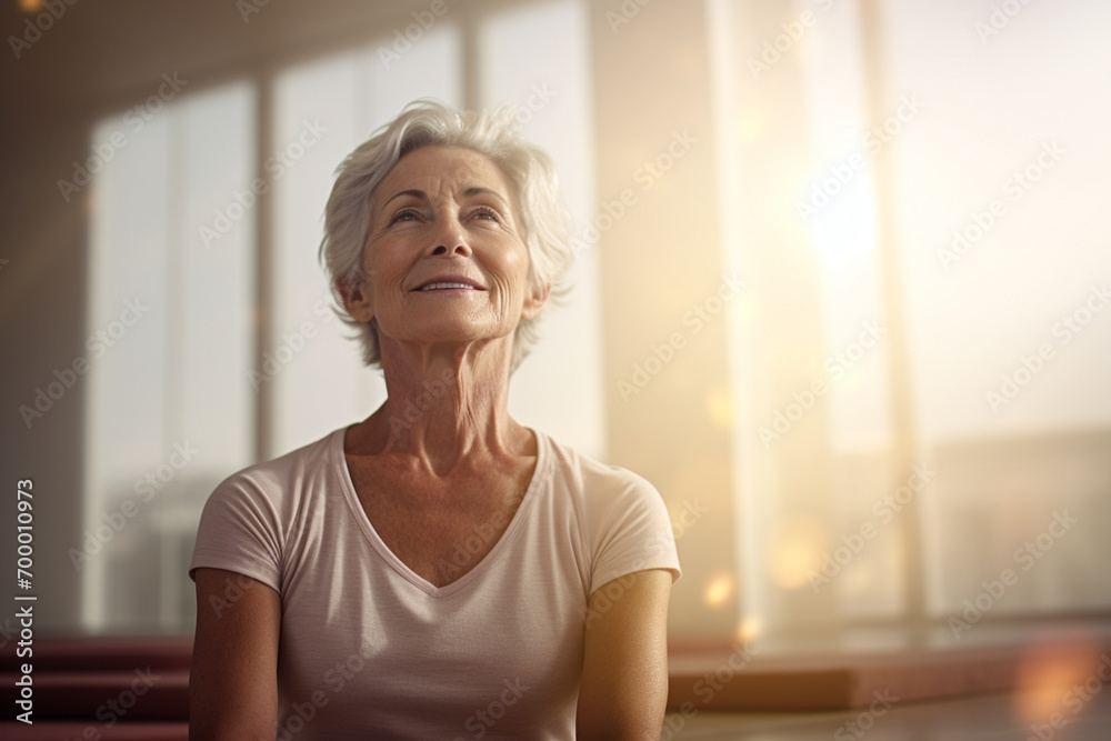 old woman meditating in the room bokeh style background old woman meditating in the room bokeh style background