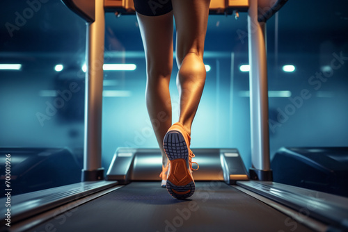 close up of legs walking on the treadmill bokeh style background