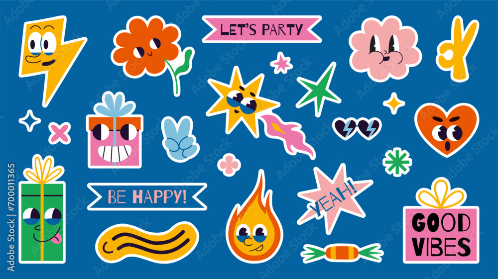 Set of festive stickers for planner, postcard and gift decorations, vector flat illustration. Comic groovy characters, cartoon trendy image. 70s funny cute retro sticker pack