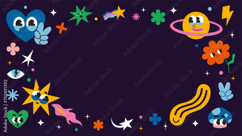 Horizontal banner with round frame, comic groovy characters, cartoon style. 70s funny retro vibe. Trendy modern vector illustration on a black background, hand drawn, flat design