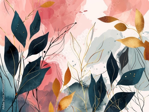 Abstract floral seamless pattern with watercolor brush strokes and golden leaves. Generative AI