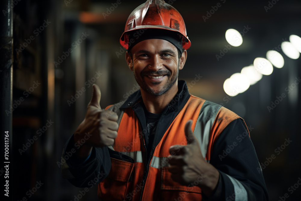 Obraz premium male construction worker thumbs up bokeh style background