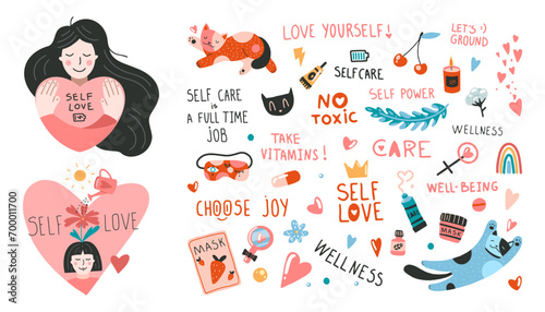 Set of design elements on self-care theme. Girl hugs herself, heart, cats, quotes. Flat cartoon vector illustration, hand drawn style, isolated on white. Positive, health, beauty and wellness concept