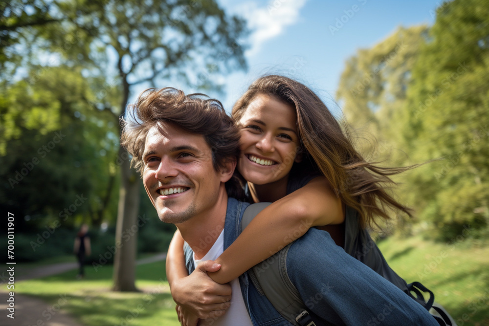 young couple laughing in the park bokeh style background young couple laughing in the park bokeh style background
