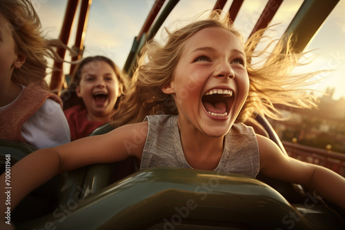 mother and kids laughing on roller coaster ride bokeh style background © toonsteb