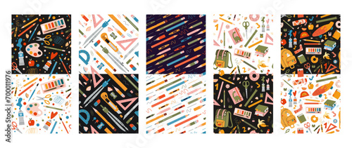 Seamless patterns set with school stationery and art supplies, cartoon style. Back to school. Trendy modern vector illustration on a black and transparent background, hand drawn, flat design