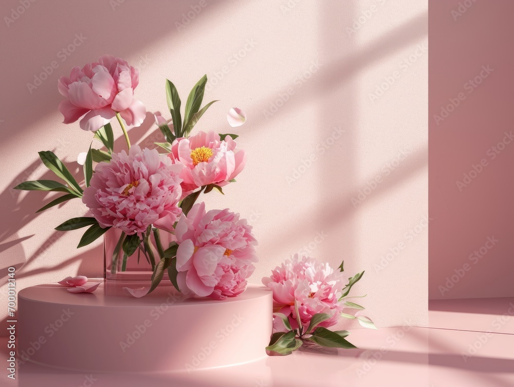 3d render, pink peony flowers in vase on pink background Generative AI