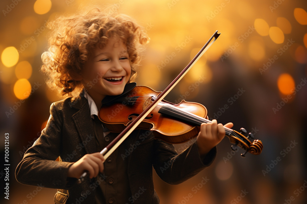 Fototapeta premium young boy playing violin bokeh style background