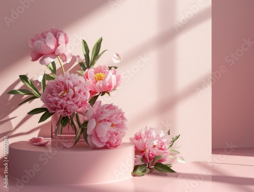 3d render, pink peony flowers in vase on pink background Generative AI