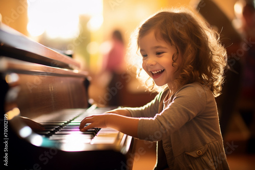 a girl playing piano in living room bokeh style background