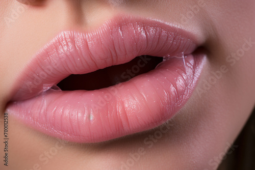 a close up of a woman s pink lips