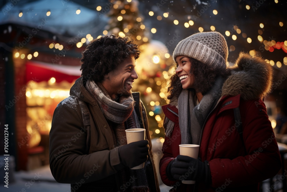 african american couple holding coffee at winter fair bokeh style background