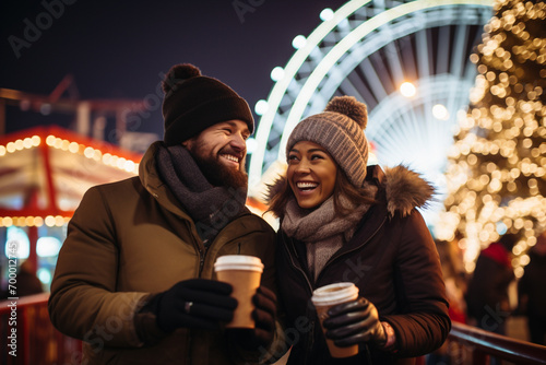 a couple holding coffee at winter fair bokeh style background