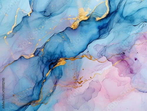 Alcohol ink abstract background. Blue and gold liquid texture. illustration Generative AI